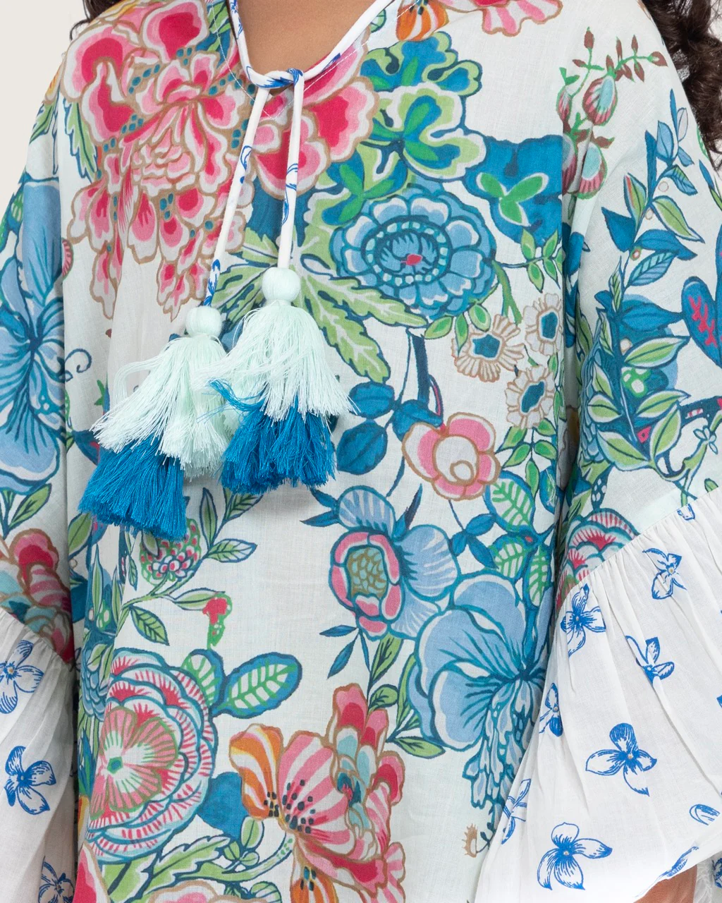 Girls Printed Kaftan with Flowy Silhouette and Sleeves - Blue - Image 5