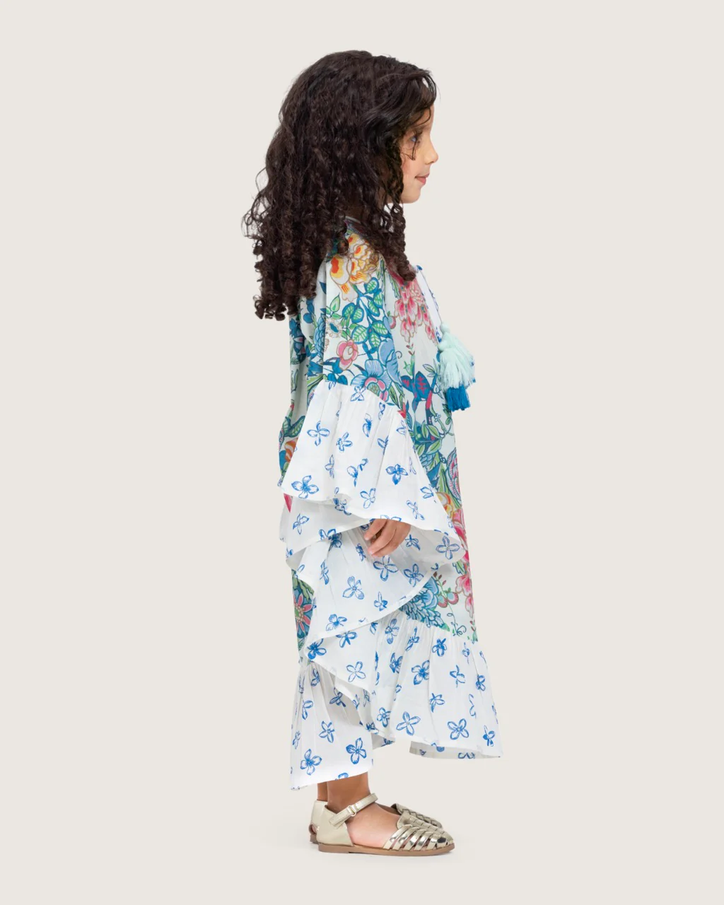 Girls Printed Kaftan with Flowy Silhouette and Sleeves - Blue - Image 6
