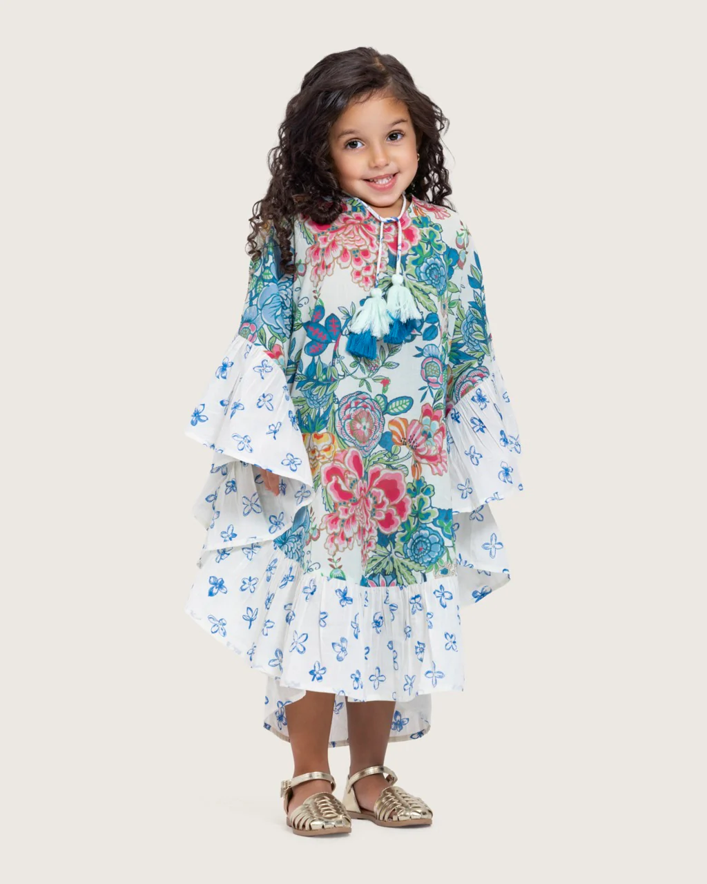 Girls Printed Kaftan with Flowy Silhouette and Sleeves - Blue - Image 8