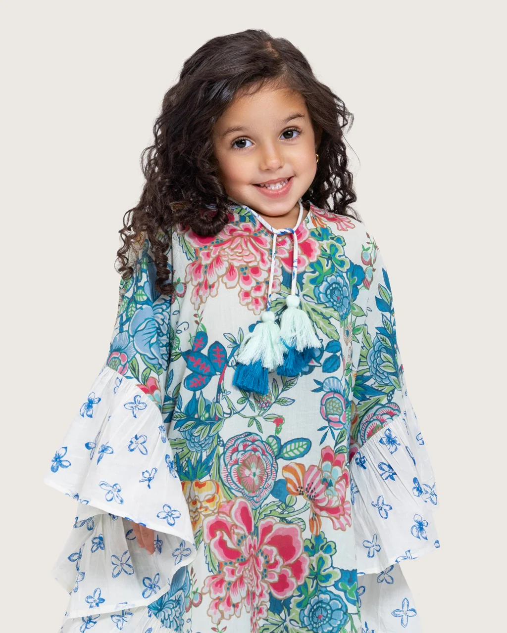 Girls Printed Kaftan with Flowy Silhouette and Sleeves - Blue - Image 9