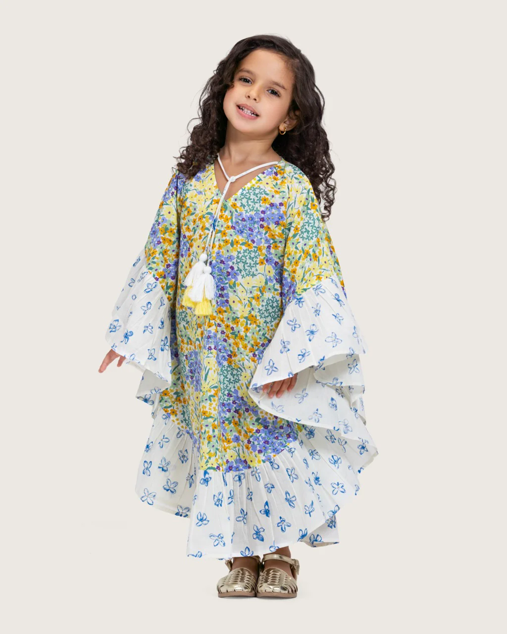 Girls Printed Kaftan with Flowy Silhouette and Sleeves - Pastels - Image 3