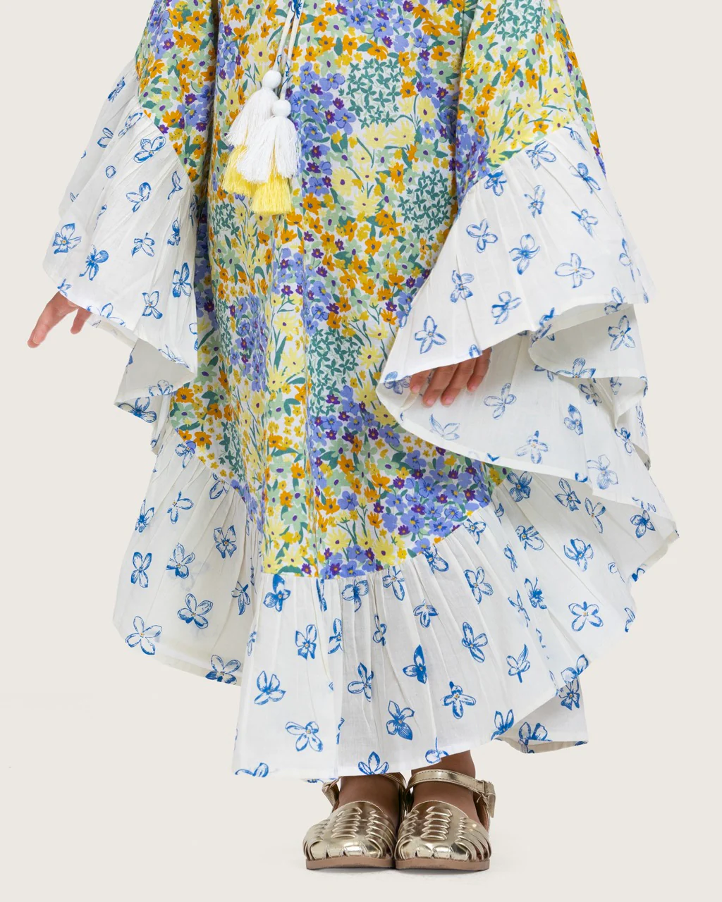 Girls Printed Kaftan with Flowy Silhouette and Sleeves - Pastels - Image 5