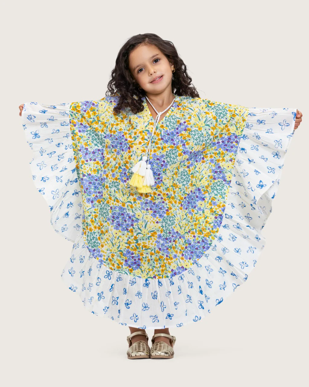 Girls Printed Kaftan with Flowy Silhouette and Sleeves - Pastels - Image 6