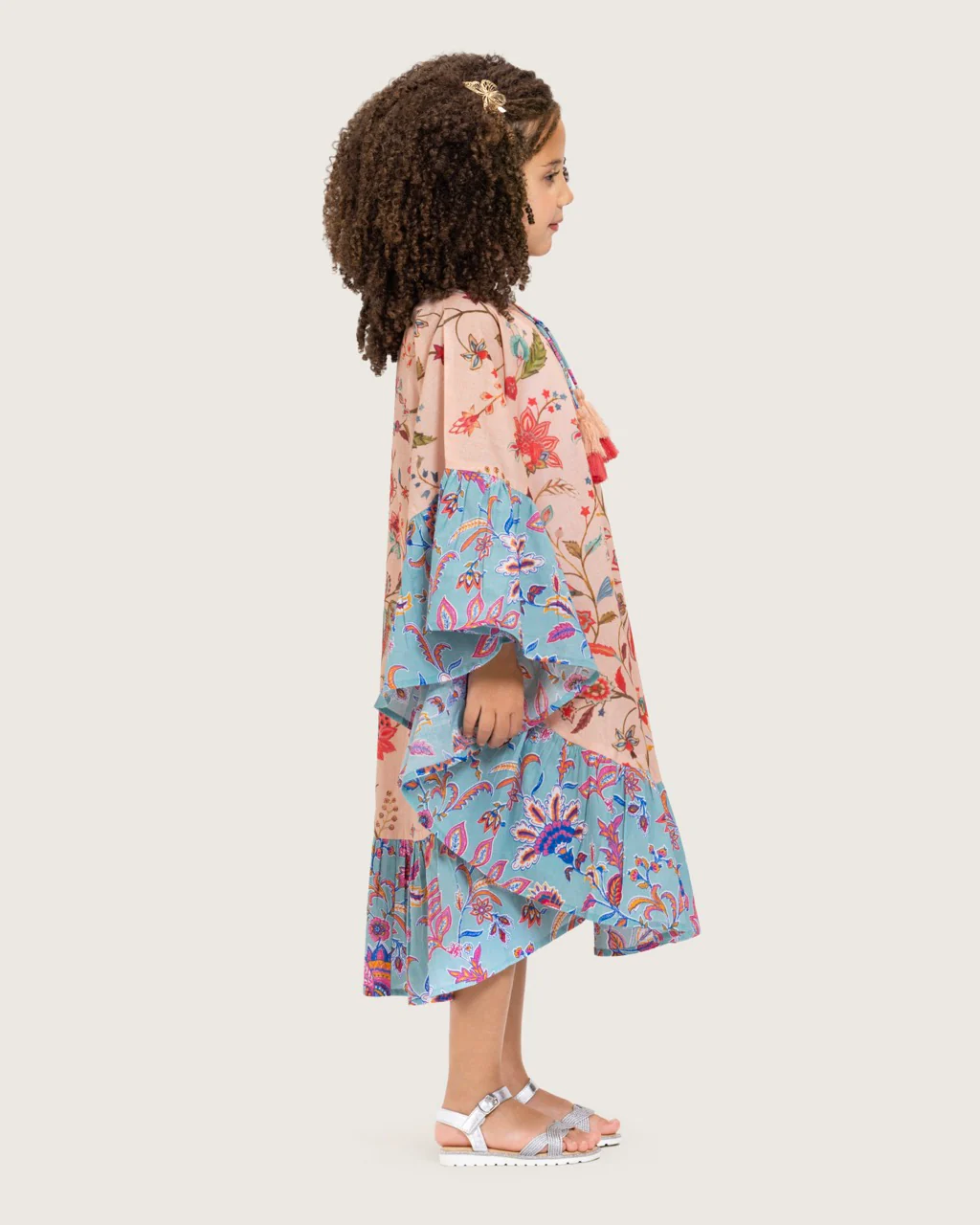 Girls Printed Kaftan with Flowy Silhouette and Sleeves -Peach - Image 3