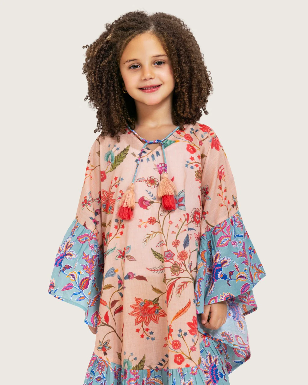 Girls Printed Kaftan with Flowy Silhouette and Sleeves -Peach - Image 9