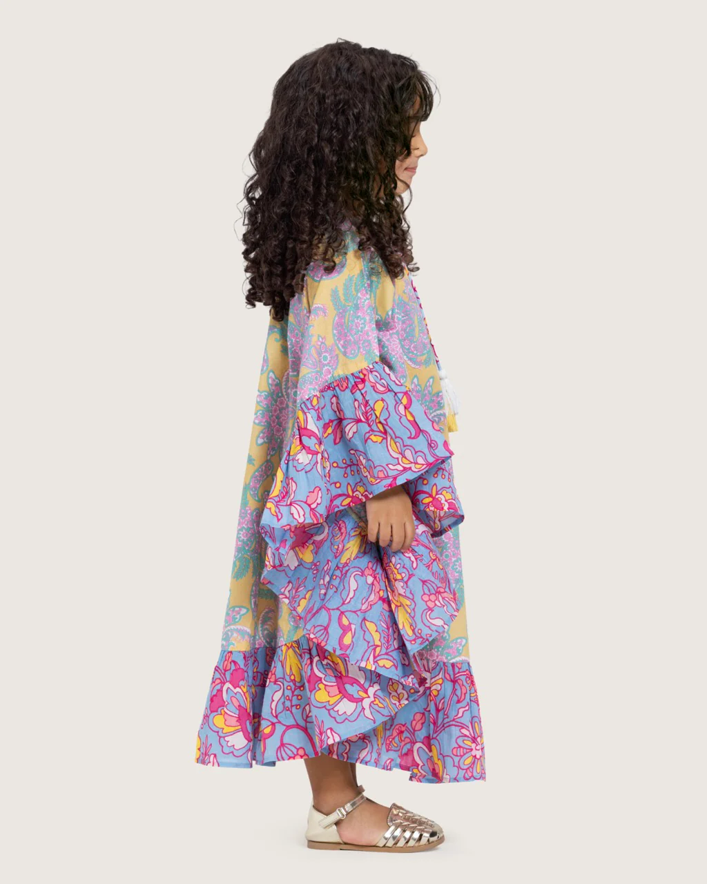 Girls Printed Kaftan with Flowy Silhouette and Sleeves -Pink - Image 3