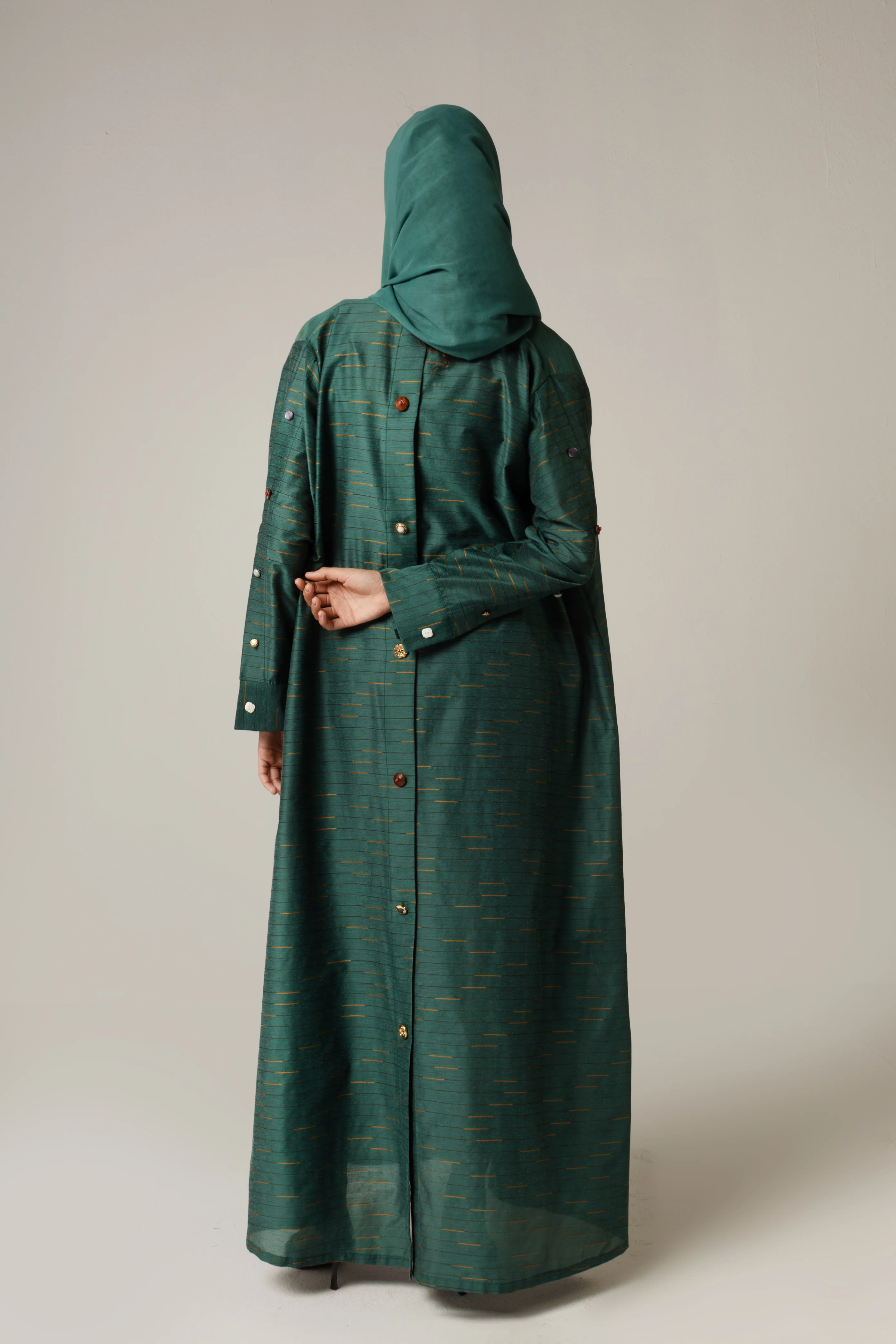Green Striped Abaya with Decorative Buttons - Image 3