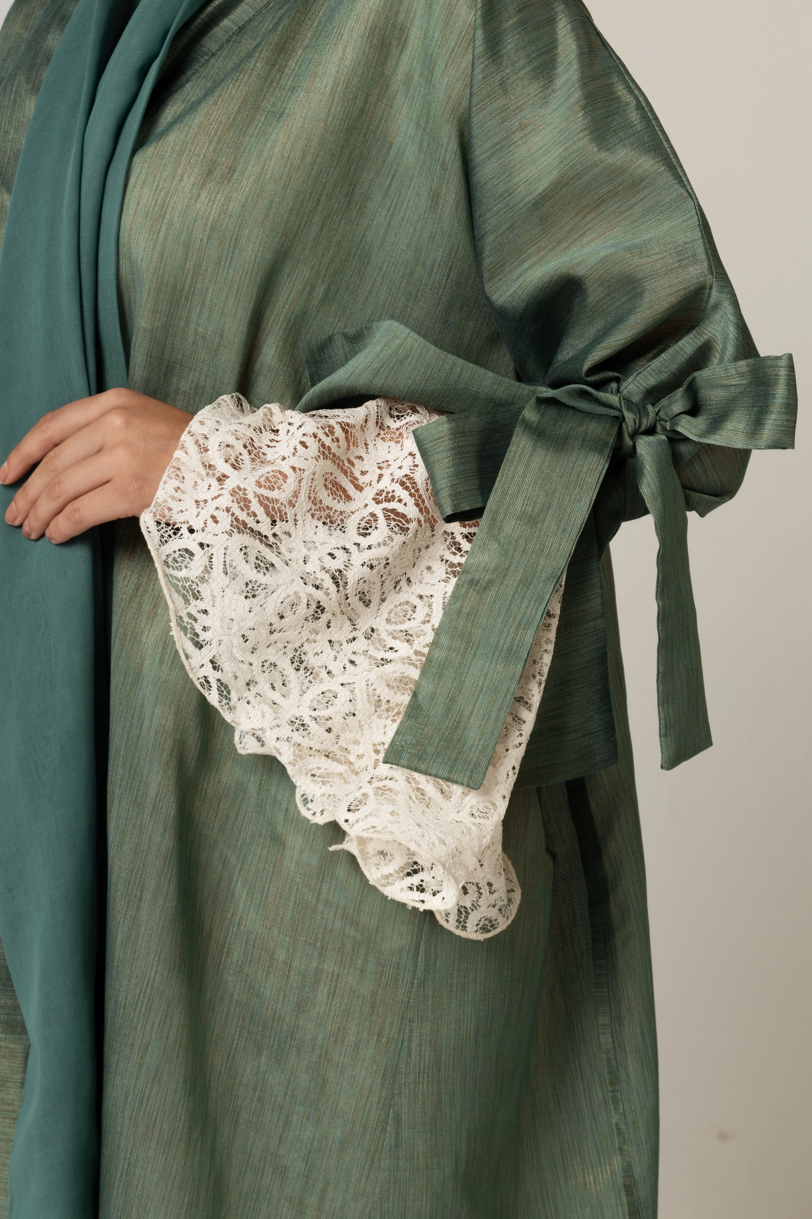 Green with Lace Sleeves Abaya - Image 3