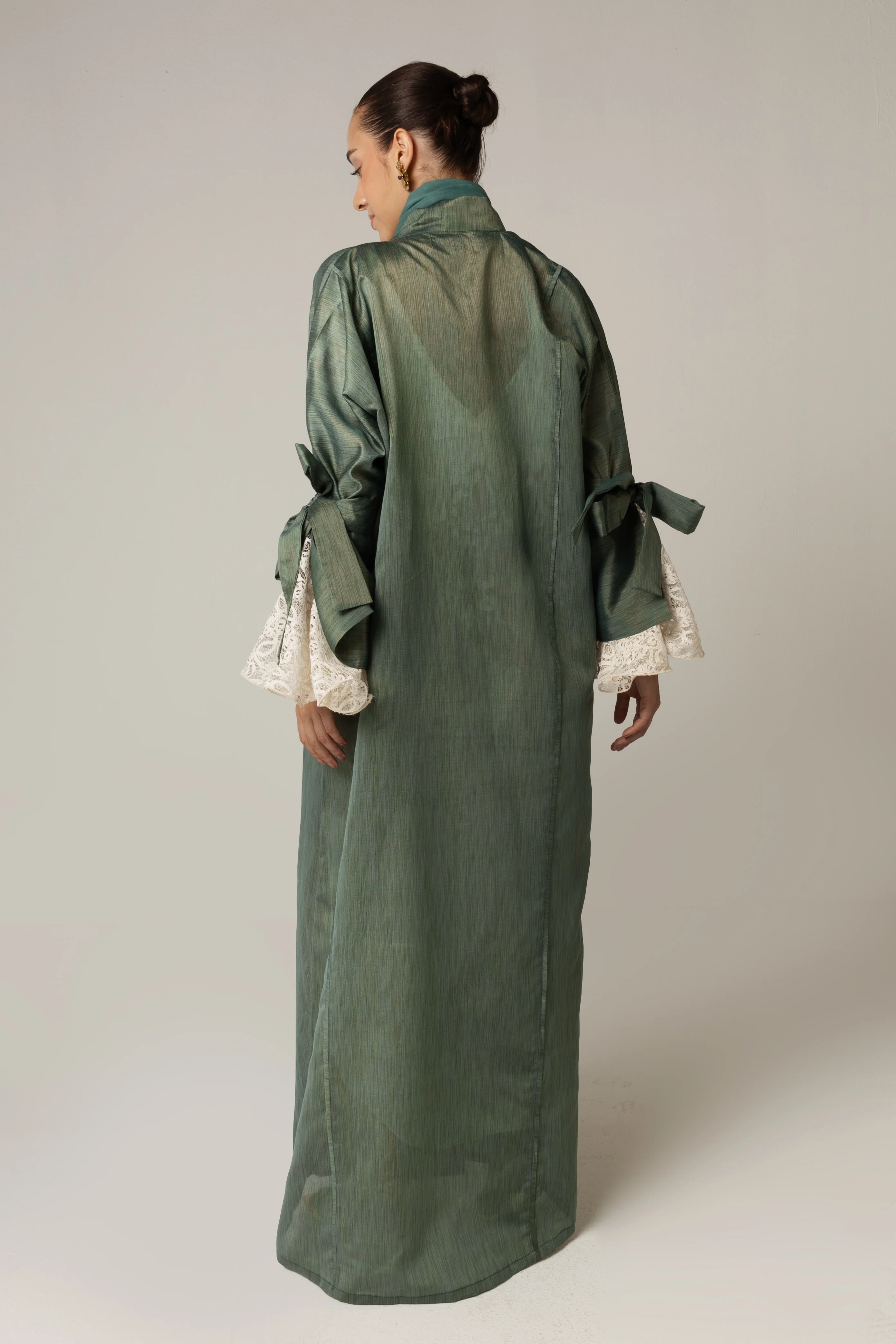 Green with Lace Sleeves Abaya - Image 4
