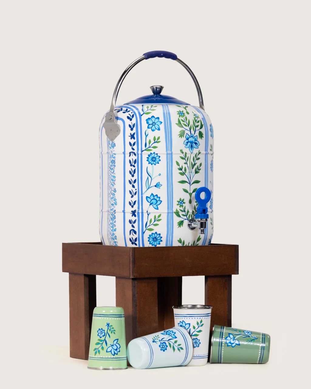 Hand-Painted Blue Meadow Urn and Stool Set - 15 liters - Image 5