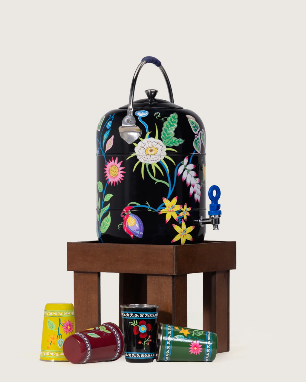 Hand-Painted Folk Floral Urn and Stool Set - 15 liters - Image 5