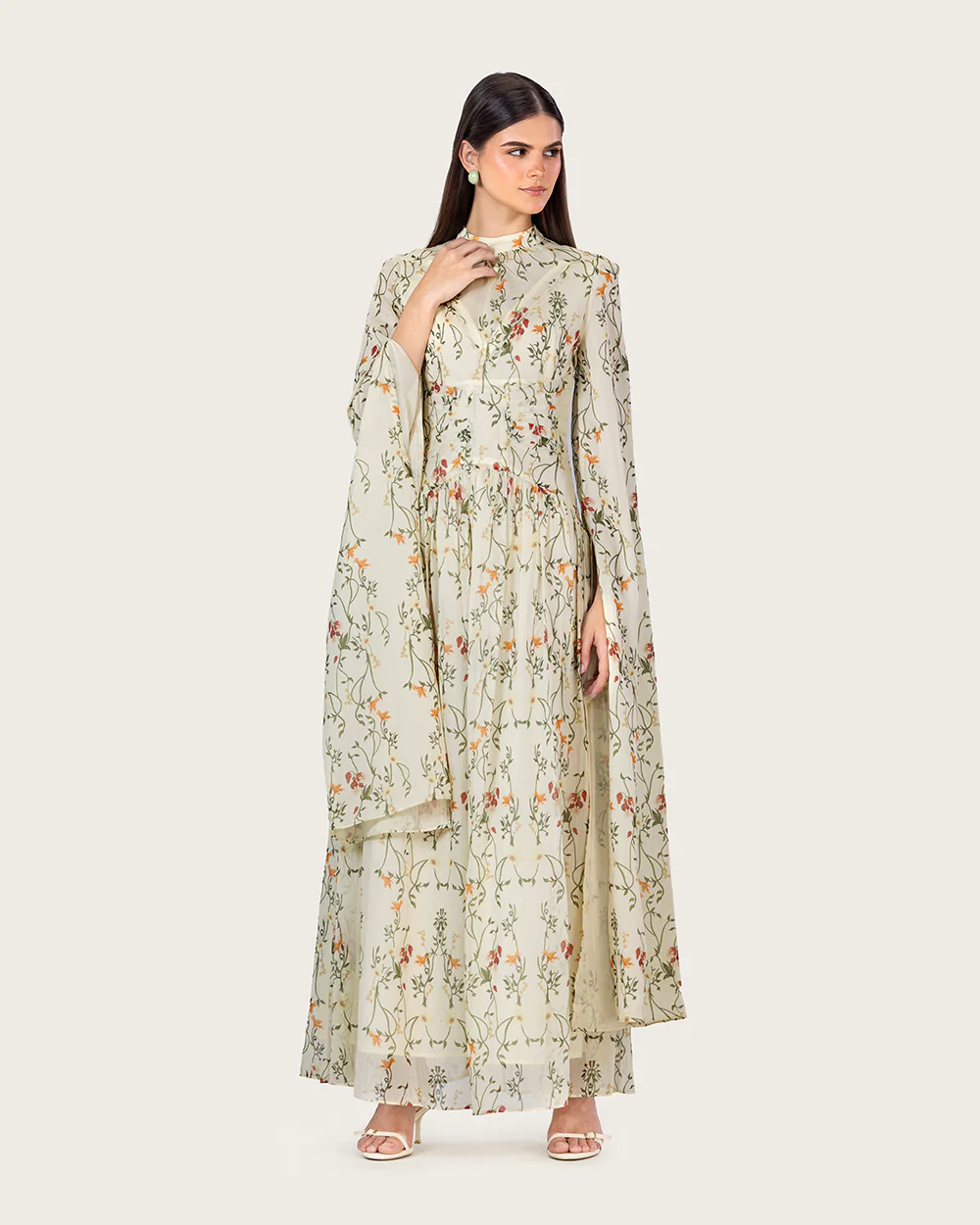 Ivory Floral Maxi Dress with Cape Sleeves - Image 2