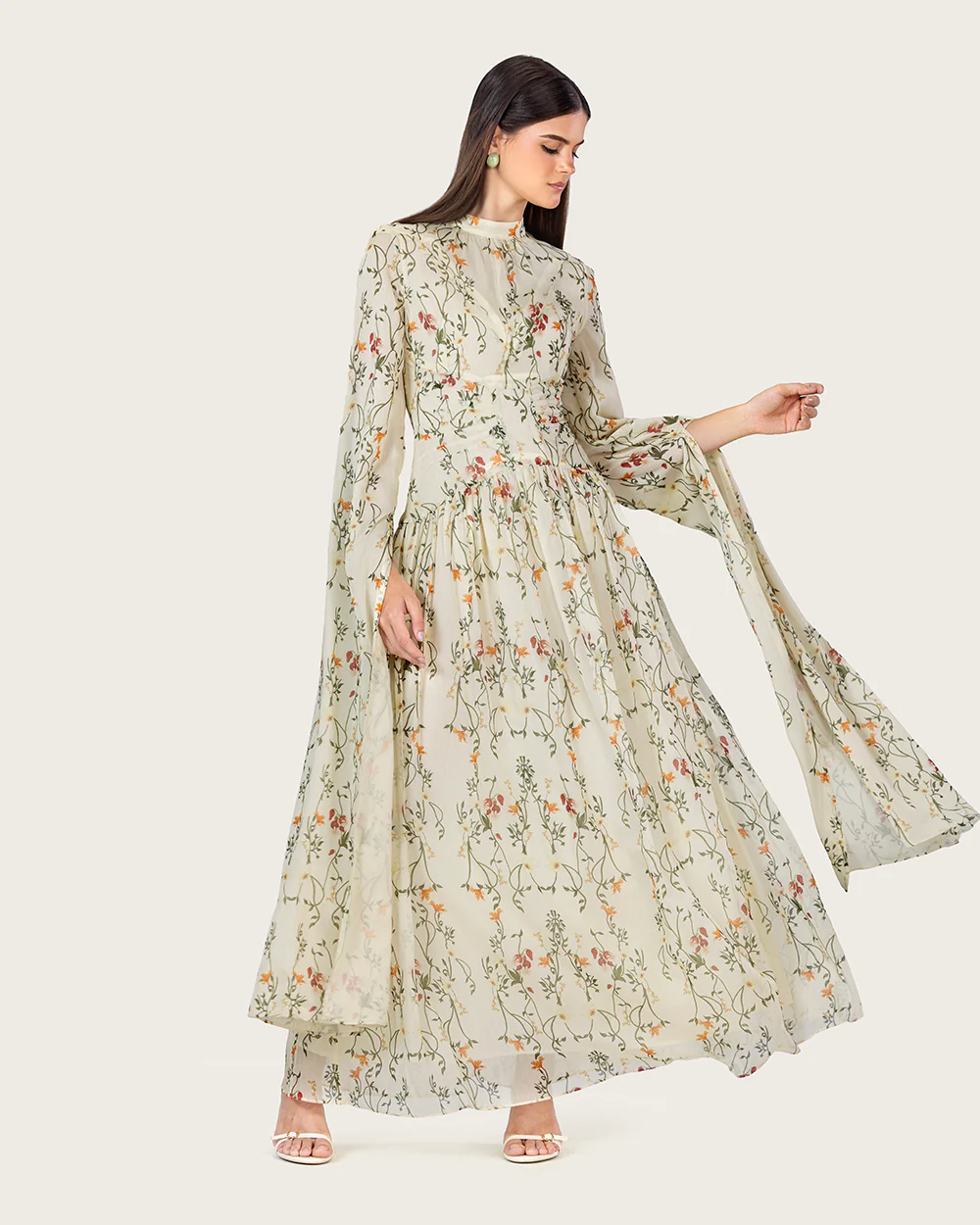 Ivory Floral Maxi Dress with Cape Sleeves - Image 3