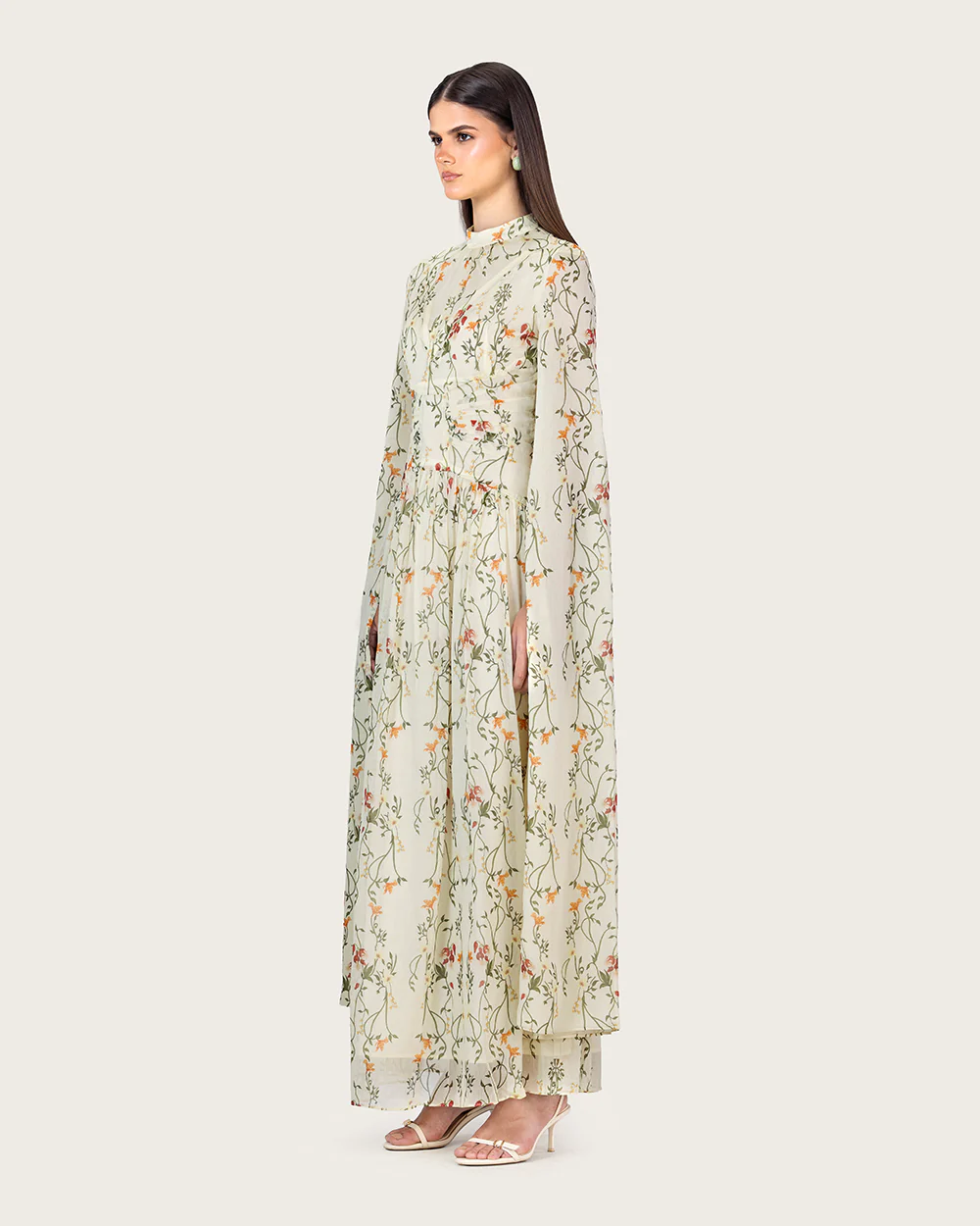Ivory Floral Maxi Dress with Cape Sleeves - Image 4