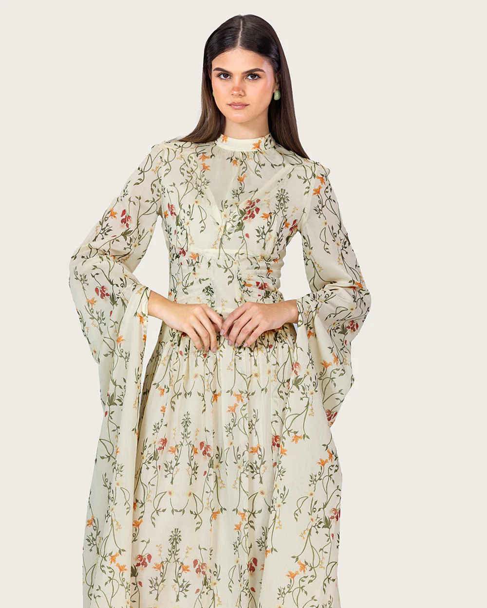 Ivory Floral Maxi Dress with Cape Sleeves - Image 6