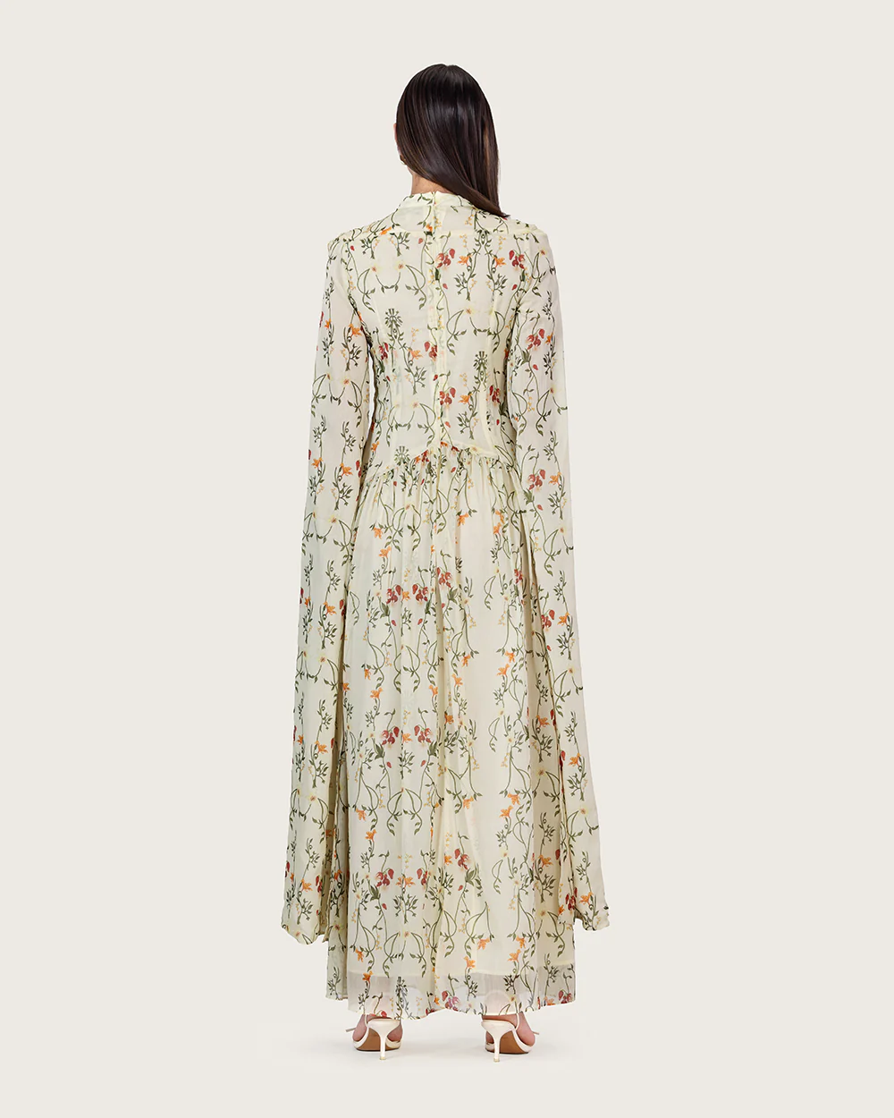 Ivory Floral Maxi Dress with Cape Sleeves - Image 7