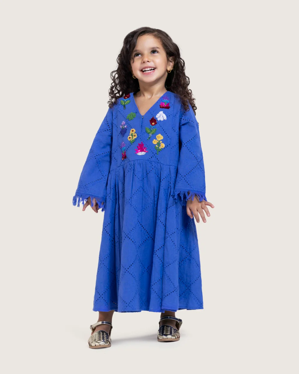Kids Eyelet Cotton A-Line Dress with Handmade Beaded & Sequin Details - Image 2