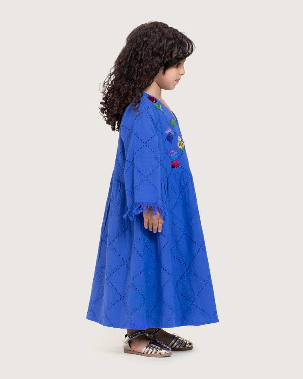 Kids Eyelet Cotton A-Line Dress with Handmade Beaded & Sequin Details - Image 3