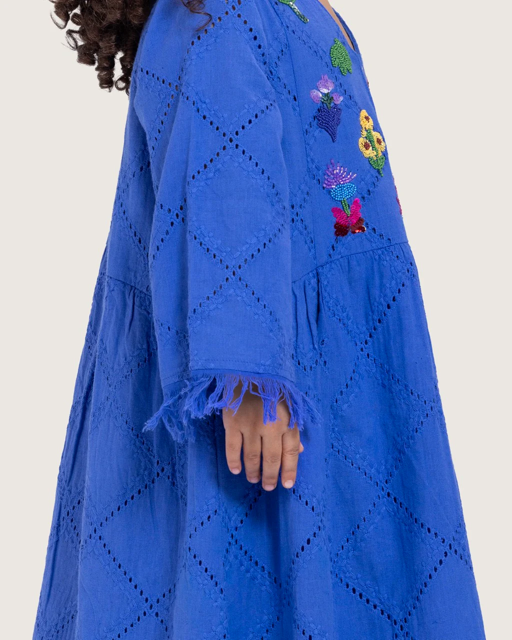 Kids Eyelet Cotton A-Line Dress with Handmade Beaded & Sequin Details - Image 4
