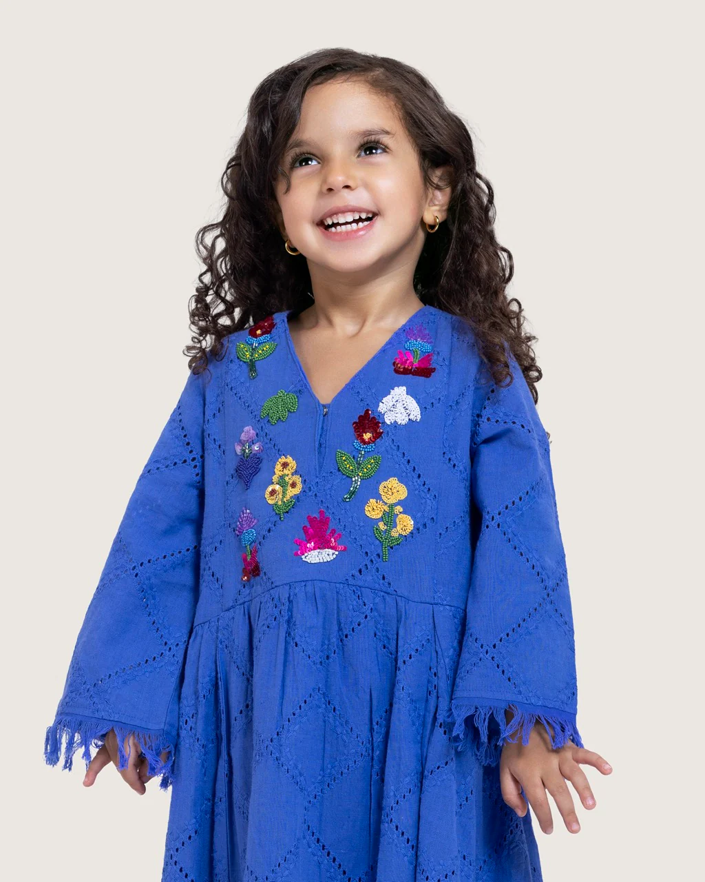 Kids Eyelet Cotton A-Line Dress with Handmade Beaded & Sequin Details - Image 7