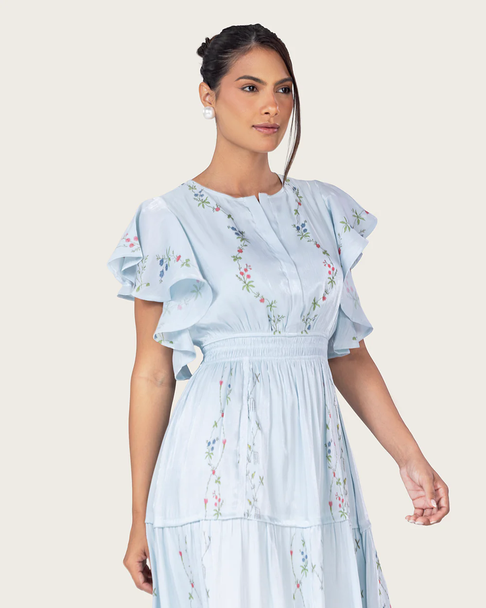 Light Blue Shimmery Chiffon Maxi Dress with Flutter Sleeves - Image 10