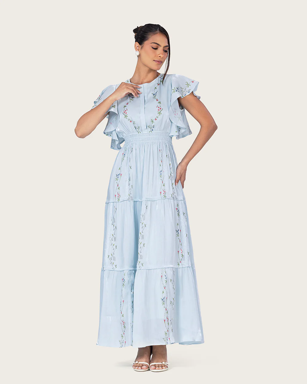 Light Blue Shimmery Chiffon Maxi Dress with Flutter Sleeves - Image 3
