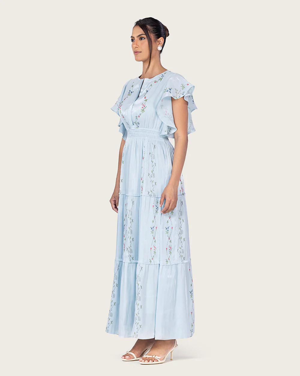 Light Blue Shimmery Chiffon Maxi Dress with Flutter Sleeves - Image 4