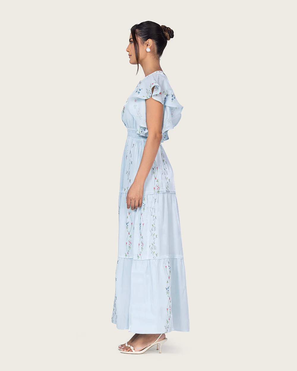Light Blue Shimmery Chiffon Maxi Dress with Flutter Sleeves - Image 5
