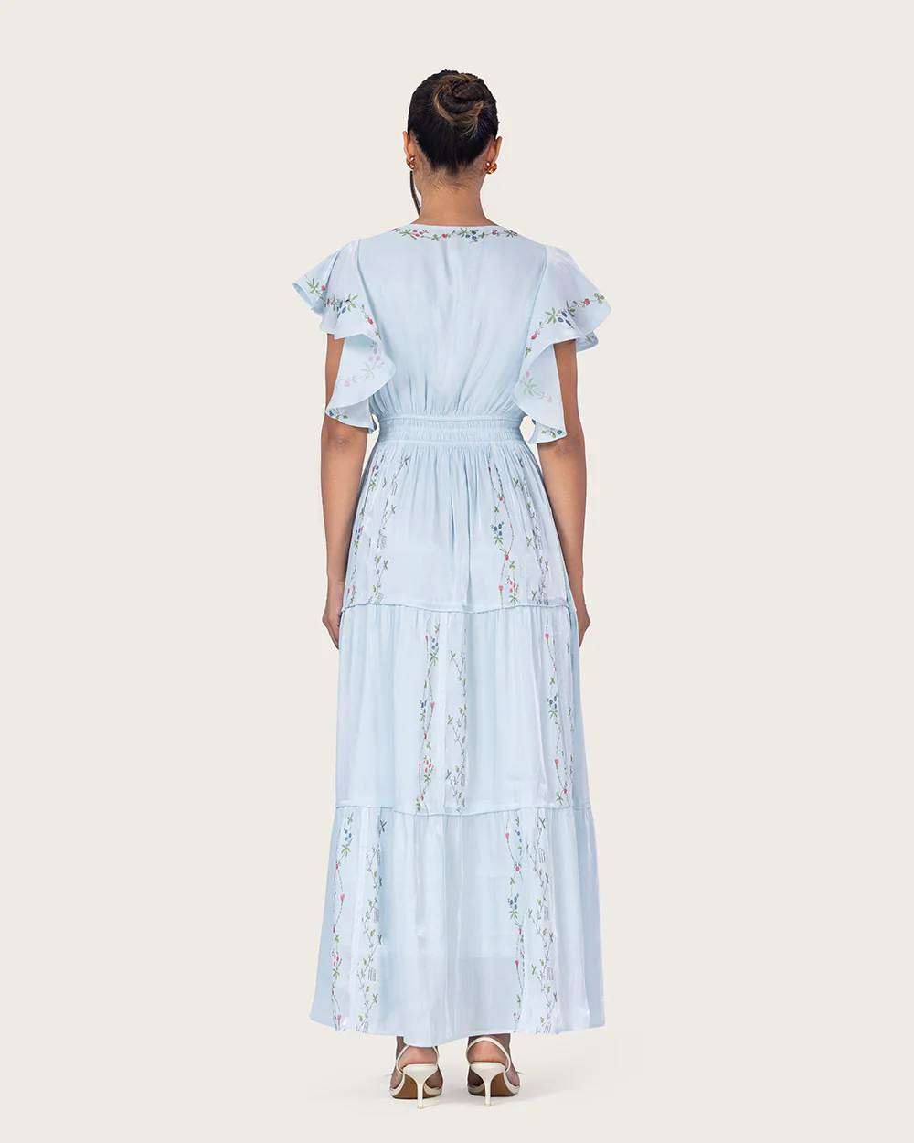 Light Blue Shimmery Chiffon Maxi Dress with Flutter Sleeves - Image 6