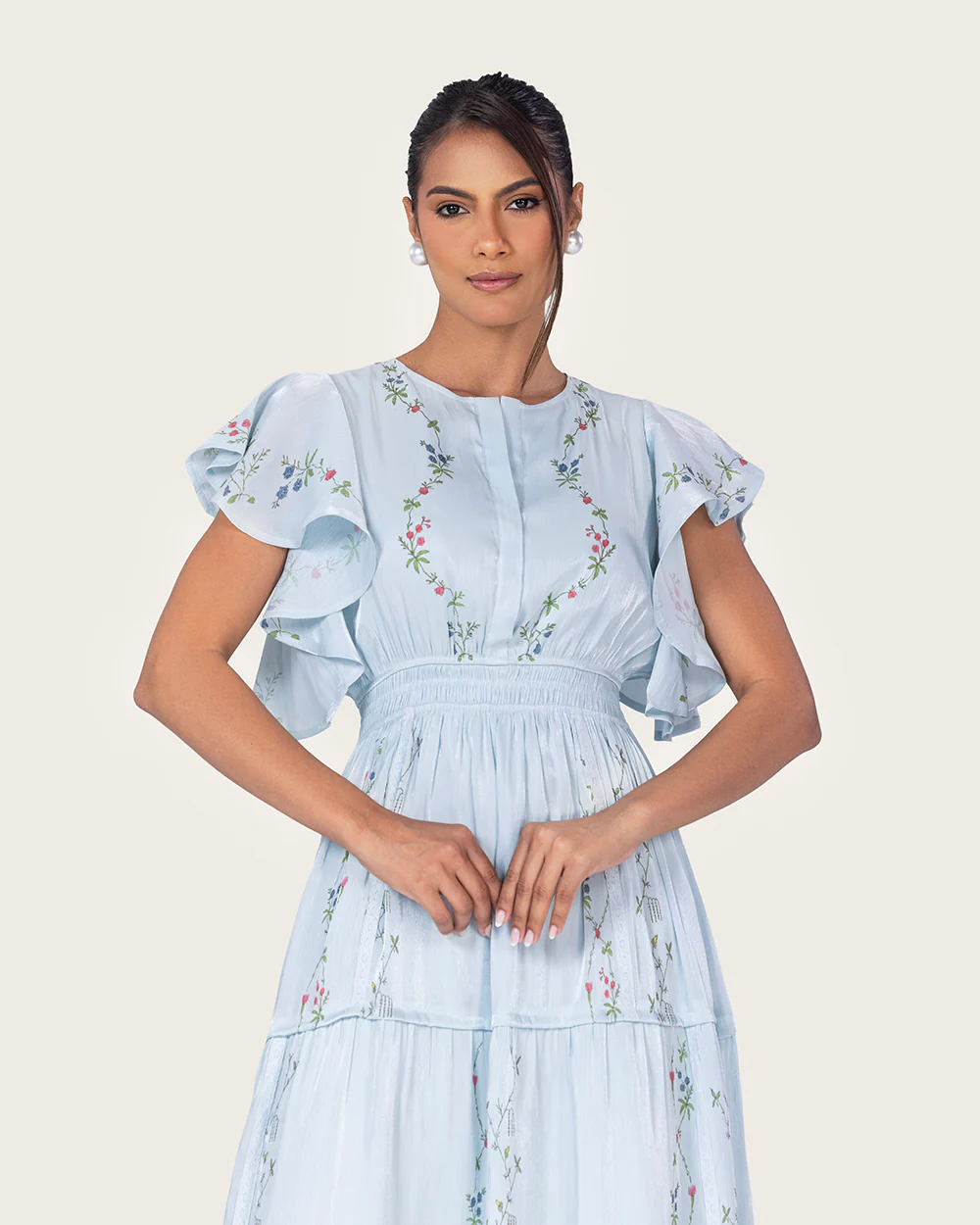 Light Blue Shimmery Chiffon Maxi Dress with Flutter Sleeves - Image 7