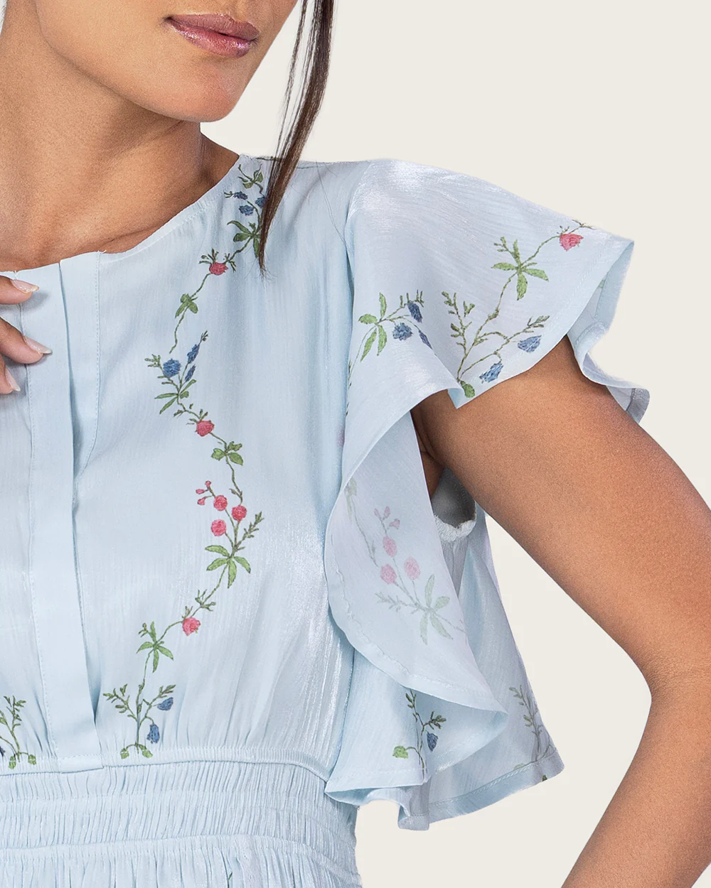 Light Blue Shimmery Chiffon Maxi Dress with Flutter Sleeves - Image 8