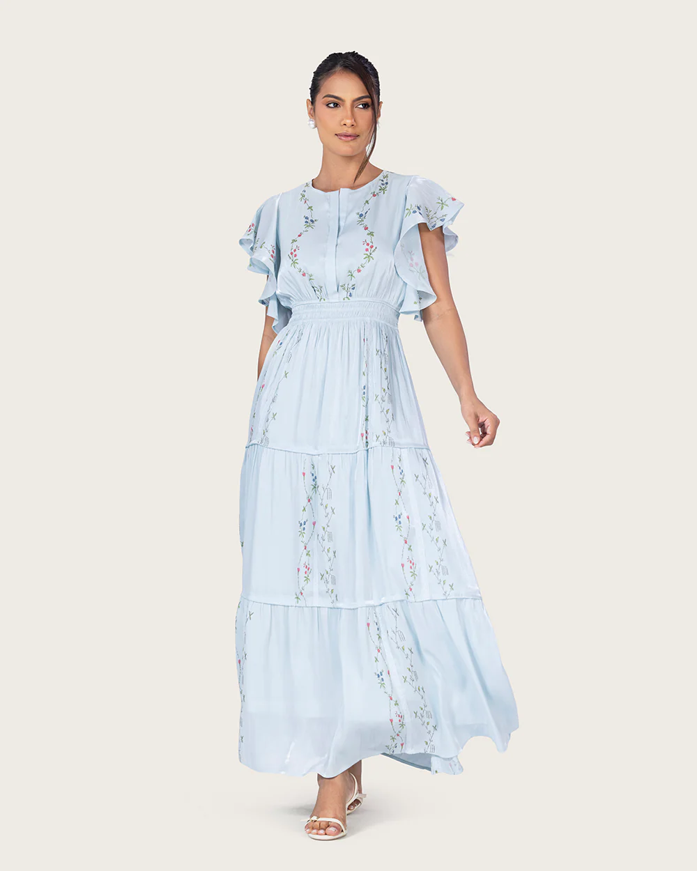 Light Blue Shimmery Chiffon Maxi Dress with Flutter Sleeves - Image 9