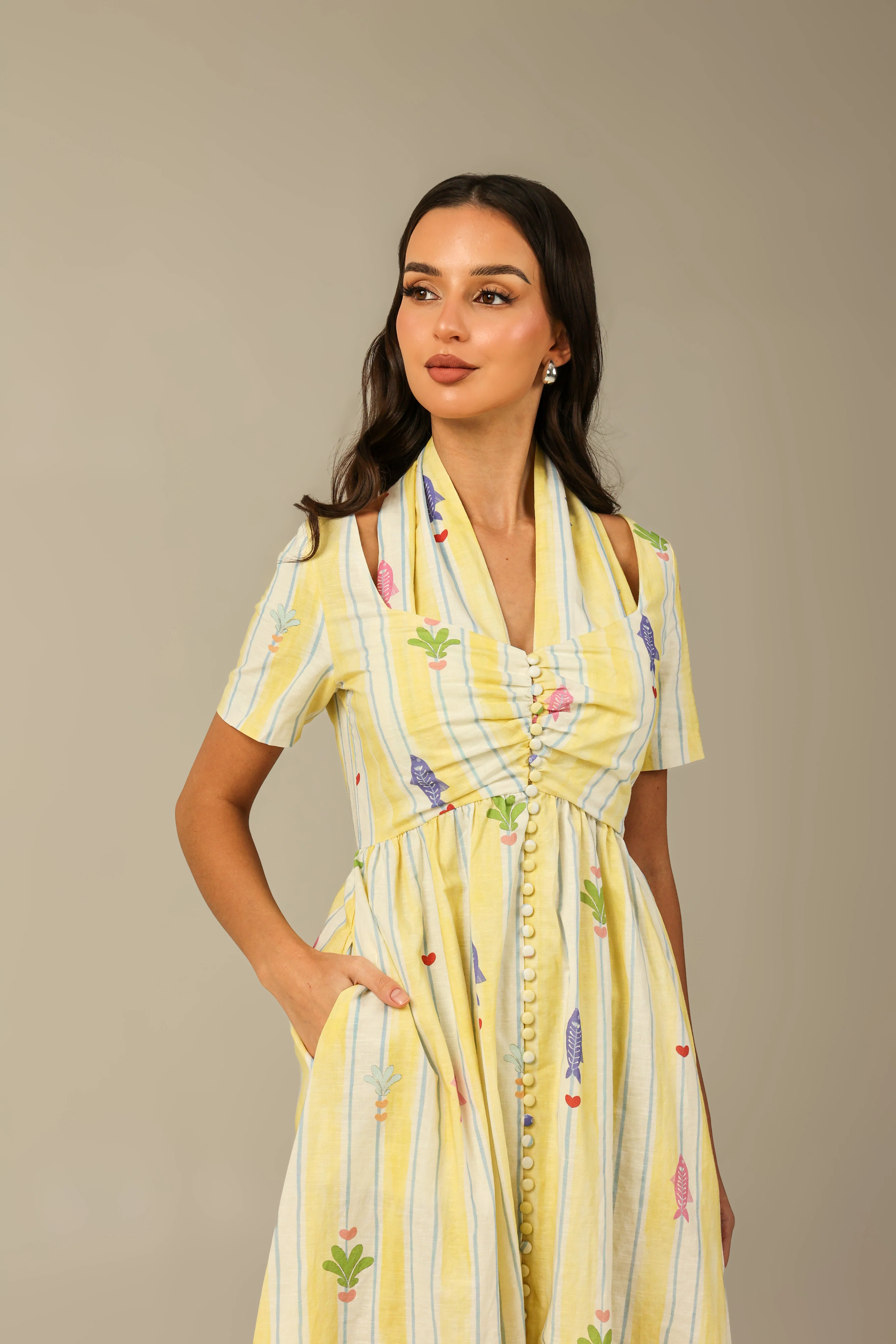 Yellow with Vibrant Summery Print Lightweight Linen Dress - Image 3