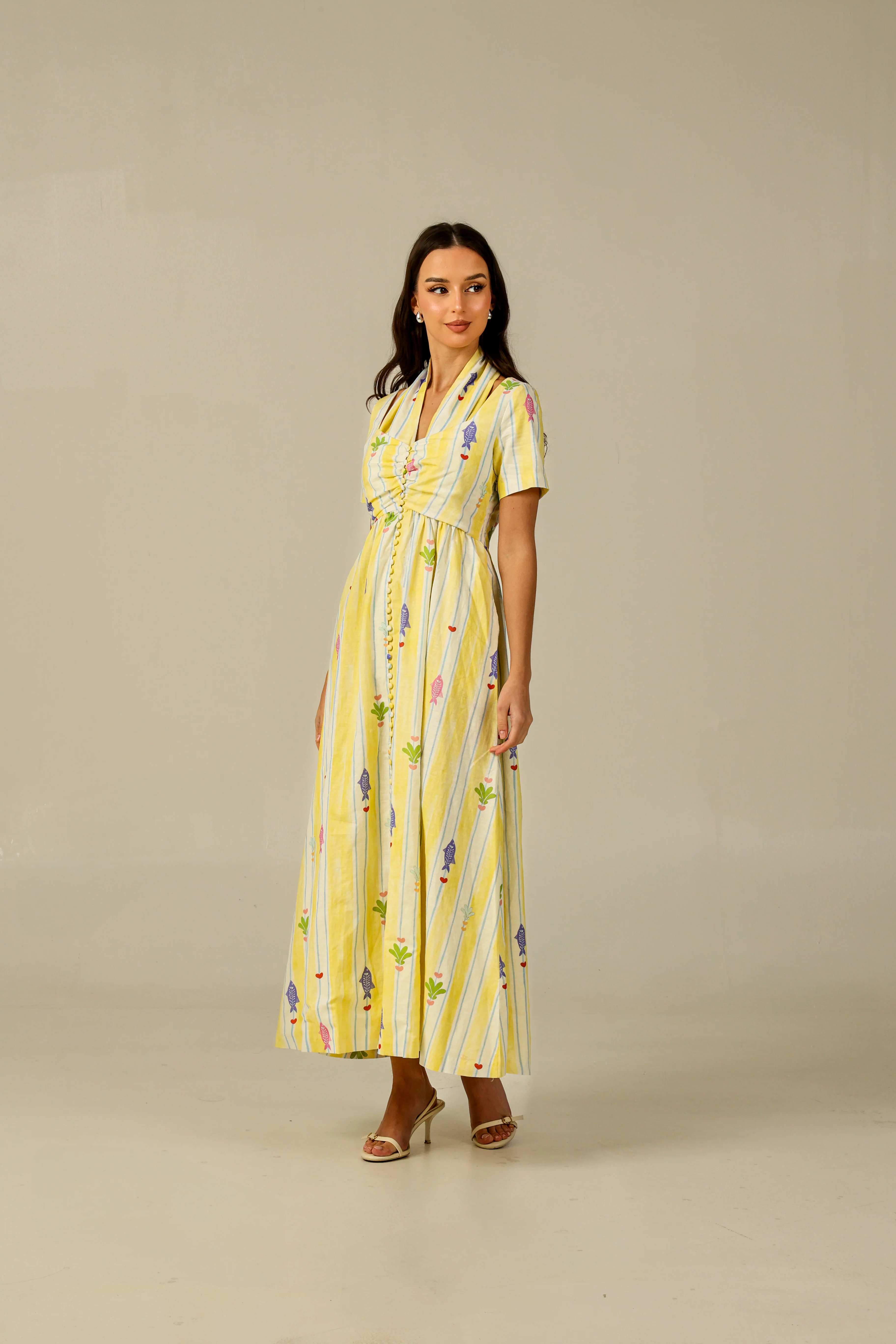 Yellow with Vibrant Summery Print Lightweight Linen Dress - Image 4