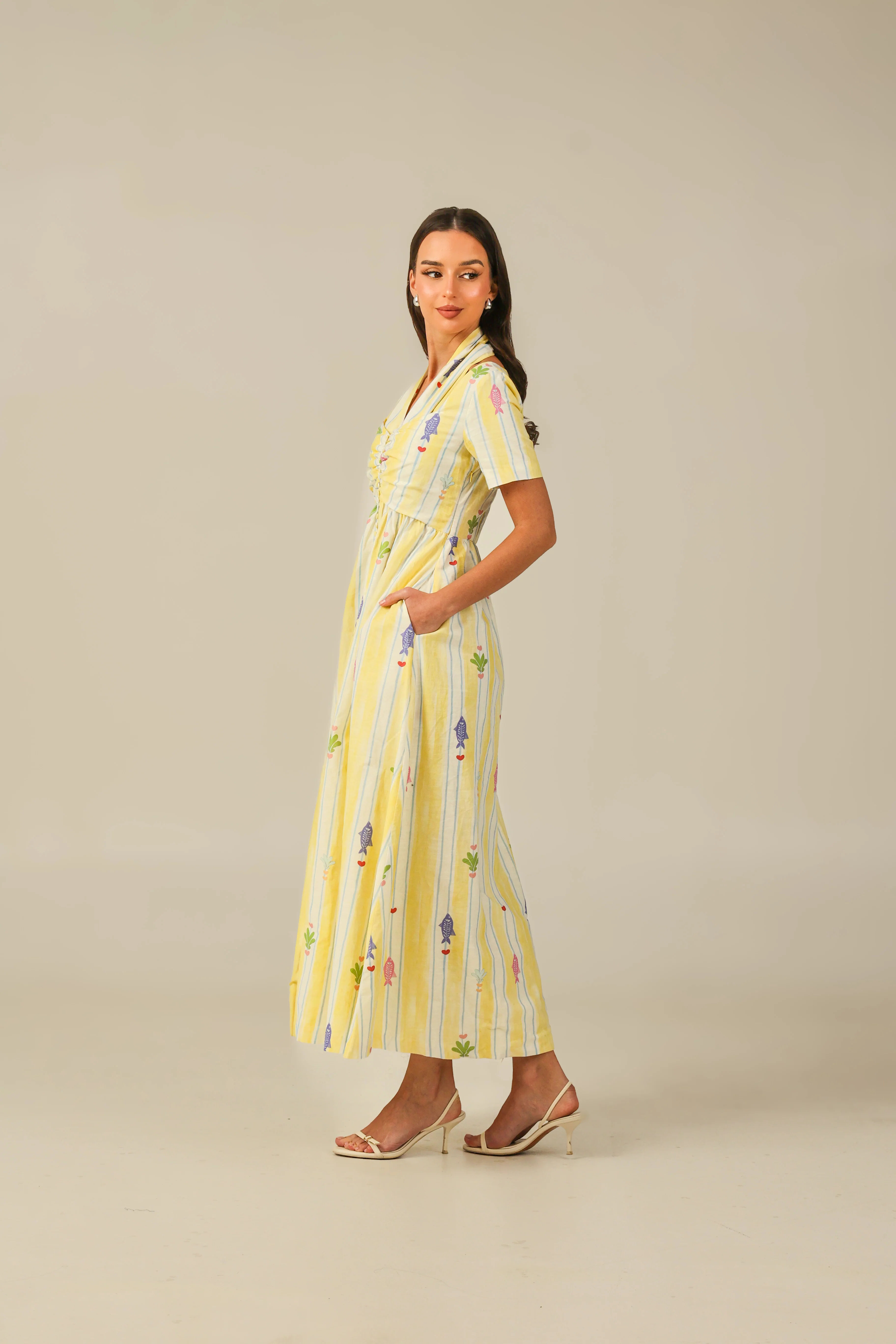 Yellow with Vibrant Summery Print Lightweight Linen Dress - Image 5