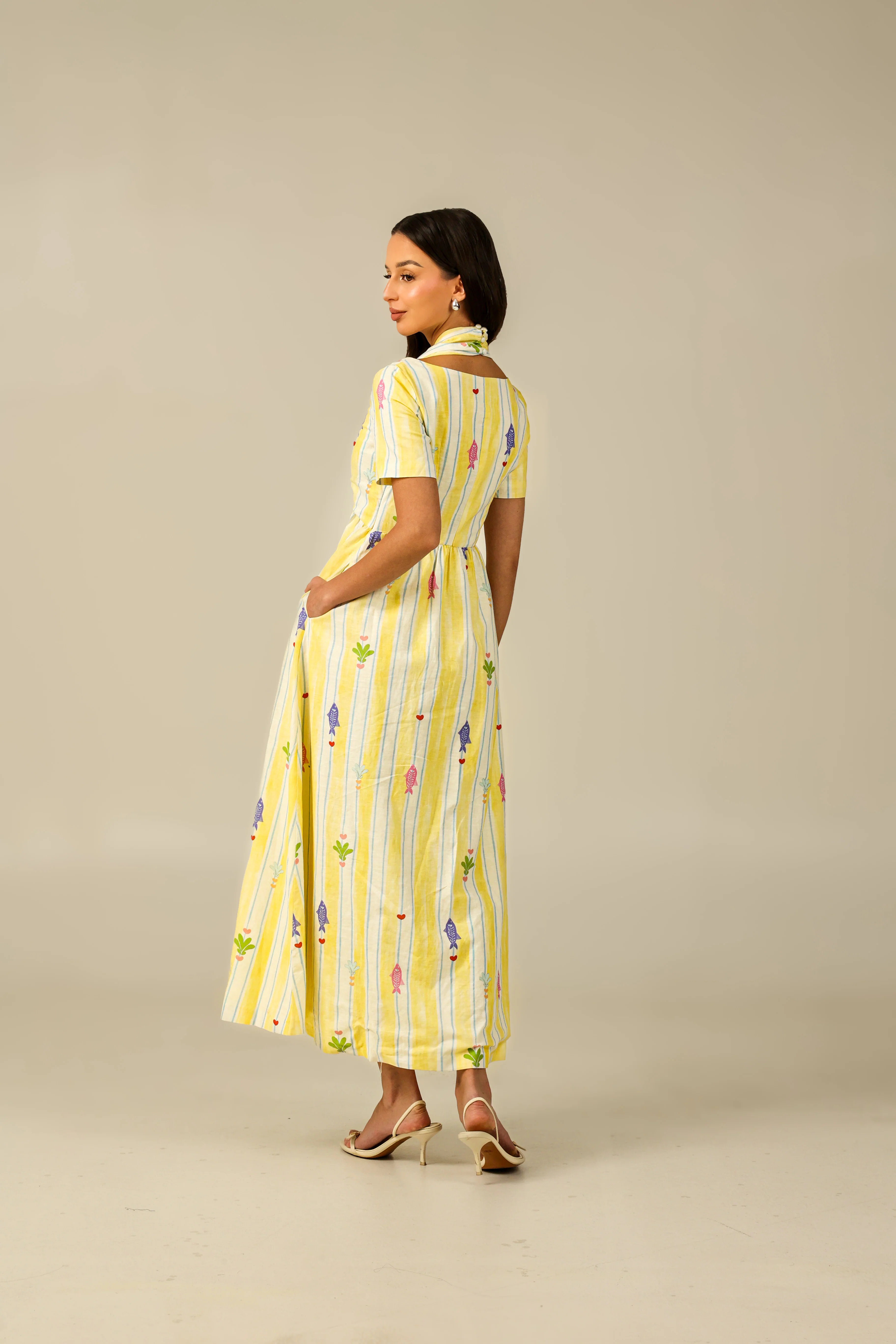 Yellow with Vibrant Summery Print Lightweight Linen Dress - Image 6