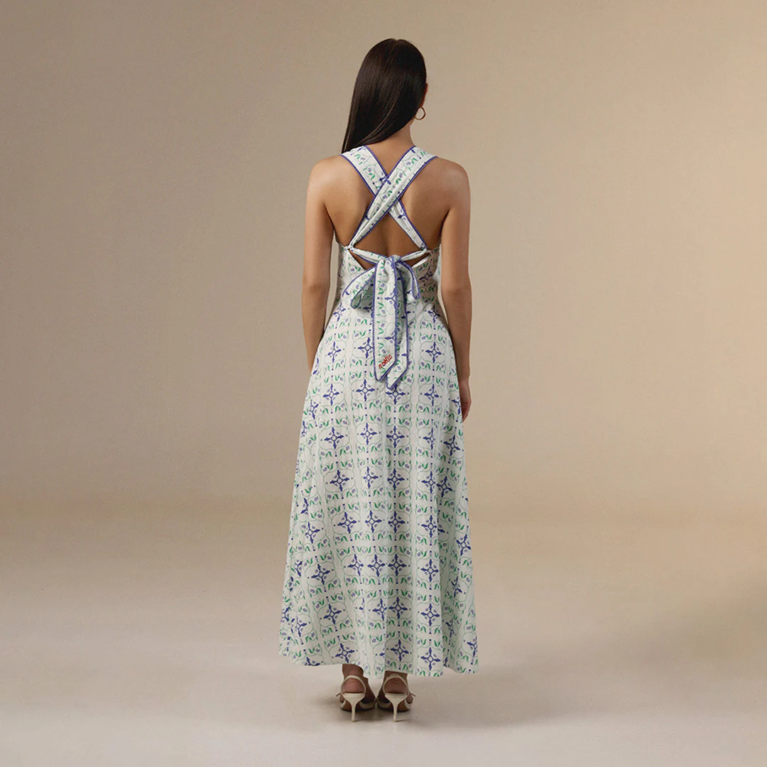 white And Blue Linen Printed Dress with Crochet Trims - Image 3