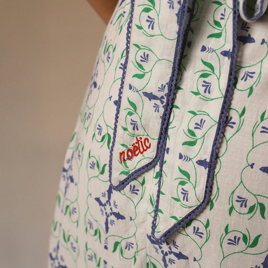 white And Blue Linen Printed Dress with Crochet Trims - Image 6
