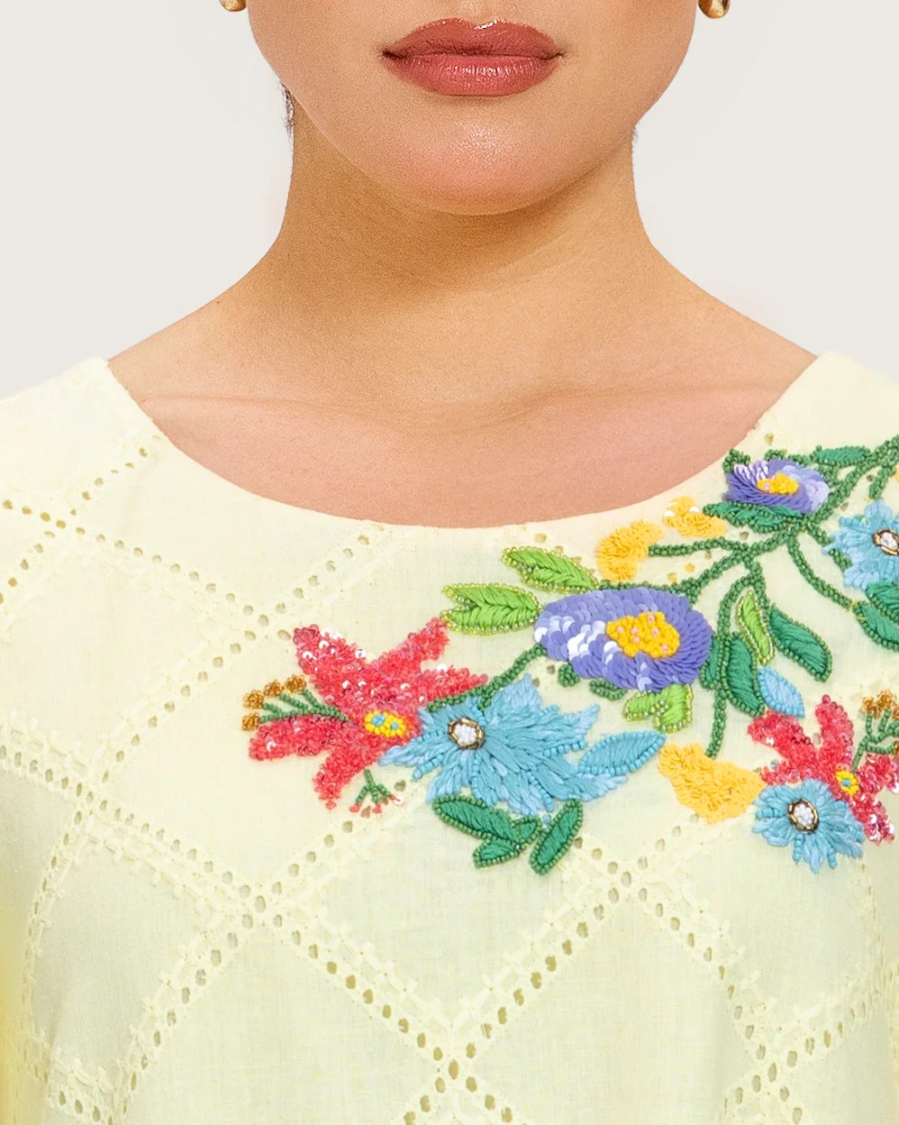 Loose Eyelet Cotton Dress with Handmade Beaded & Sequin Embellishments - Image 7