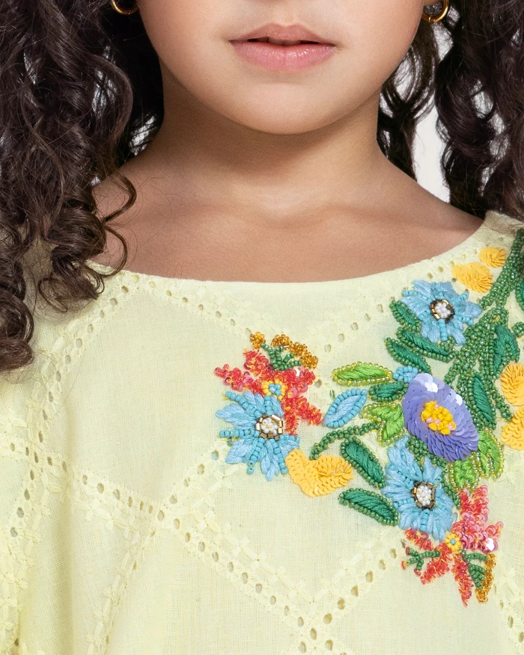 Loose Eyelet Cotton Kids Dress with Handmade Beaded & Sequin Embellishments - Image 3