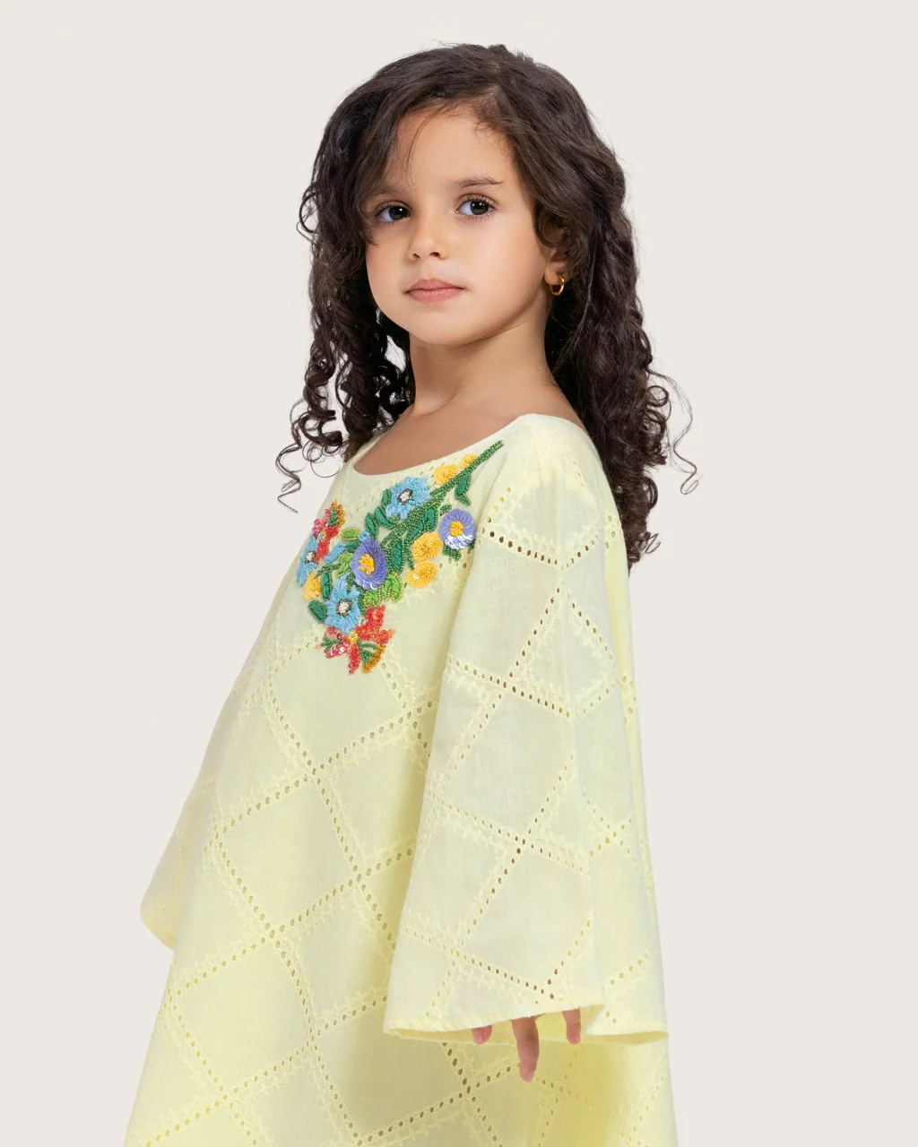 Loose Eyelet Cotton Kids Dress with Handmade Beaded & Sequin Embellishments - Image 4