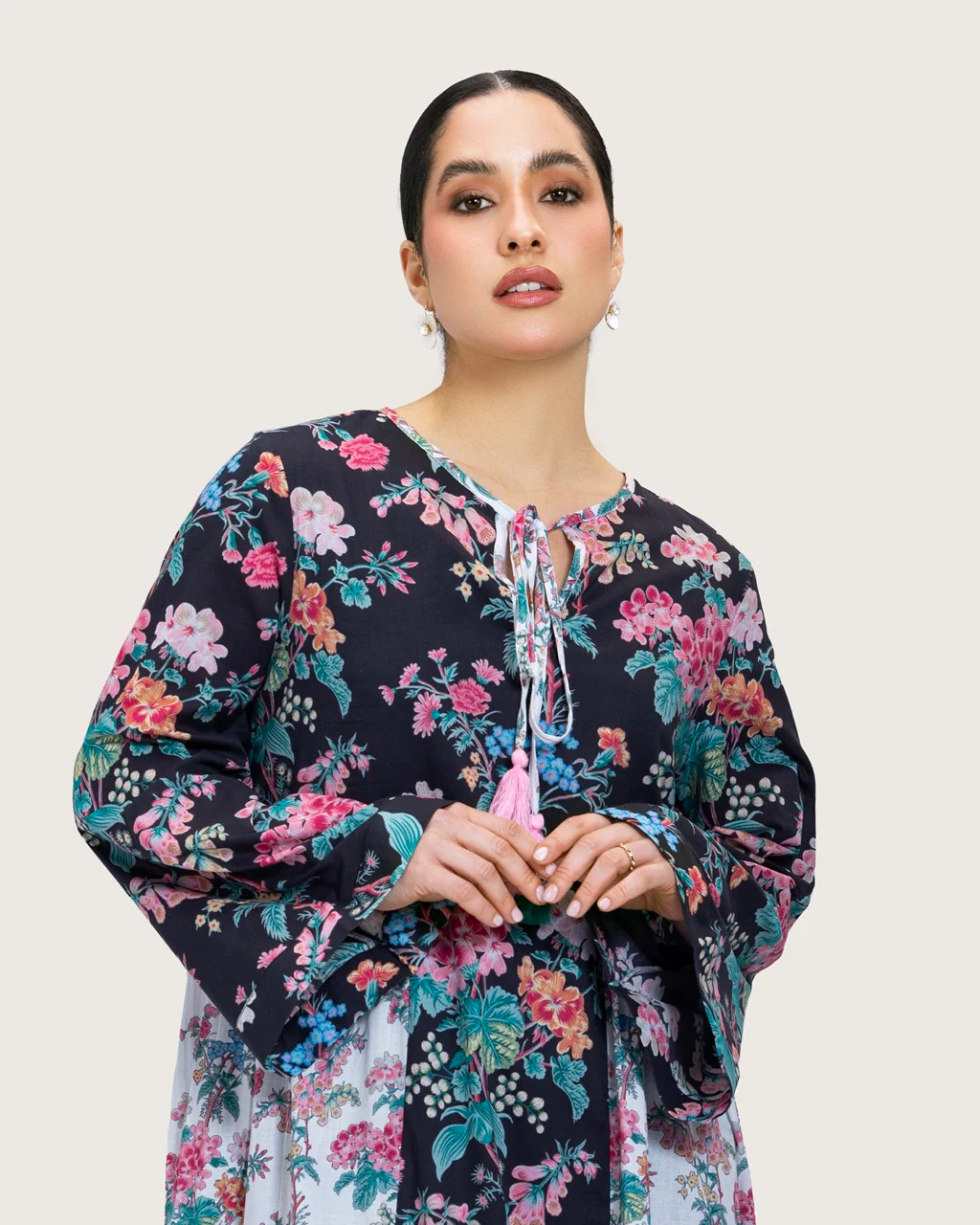 Loose Floral Cotton Dress with Tassels - Image 6