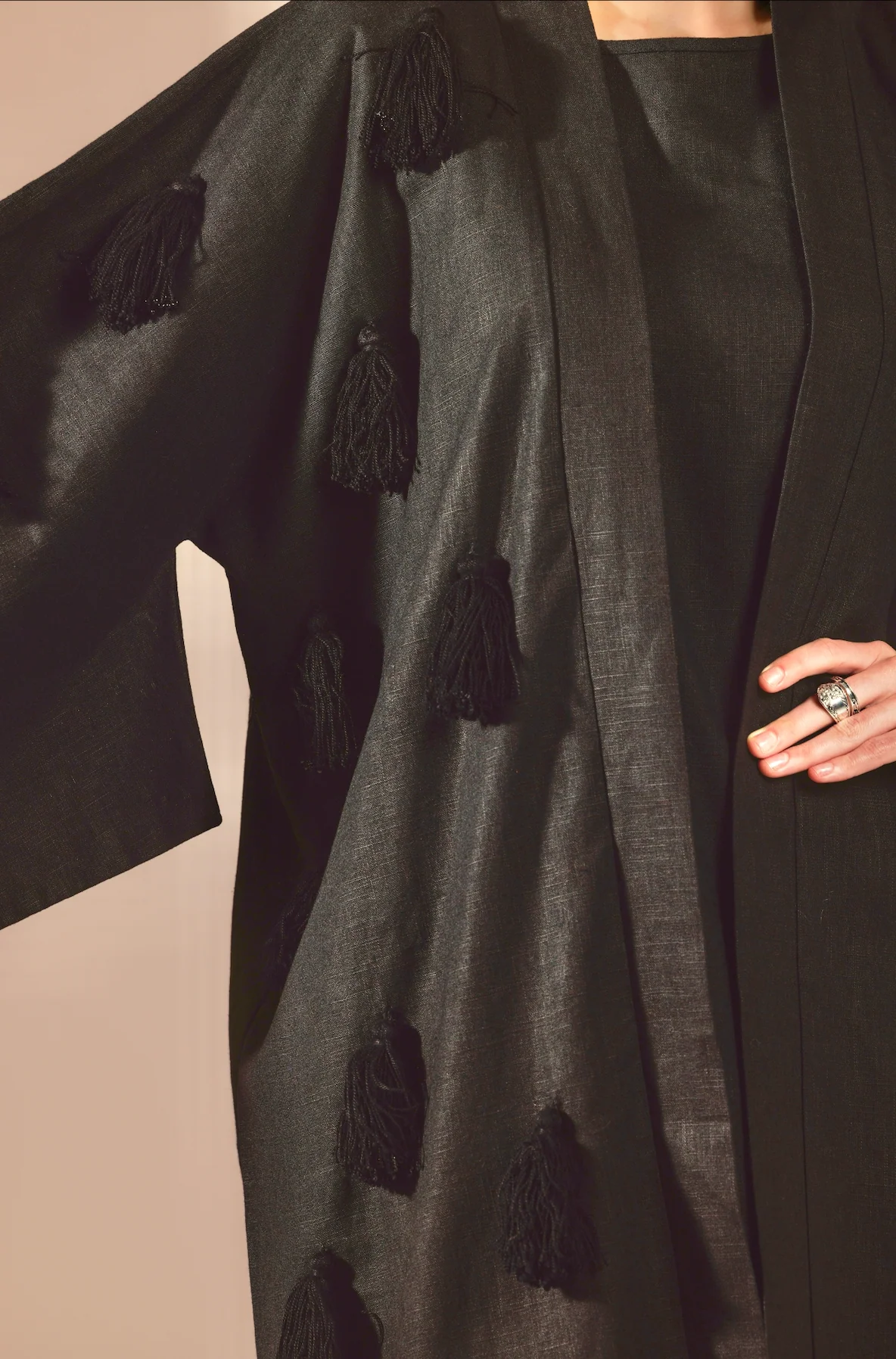 Luxe Black Linen Abaya Kimono with Beaded Black-on-Black Tassels - Image 2