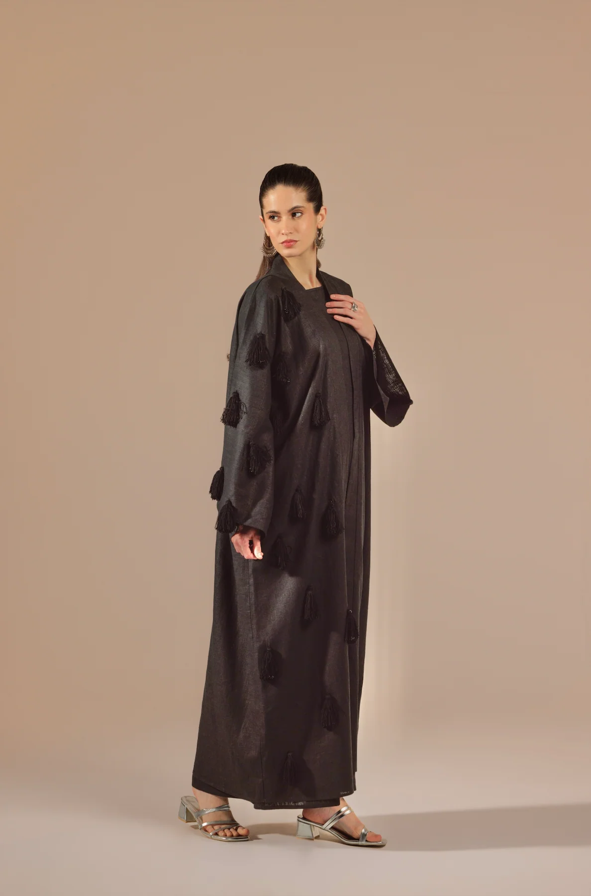 Luxe Black Linen Abaya Kimono with Beaded Black-on-Black Tassels - Image 3