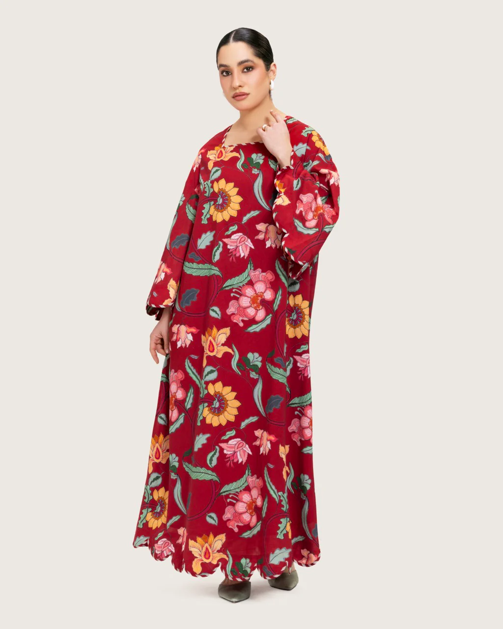 Maroon Red Floral Maxi Dress with Square Neckline - Image 4