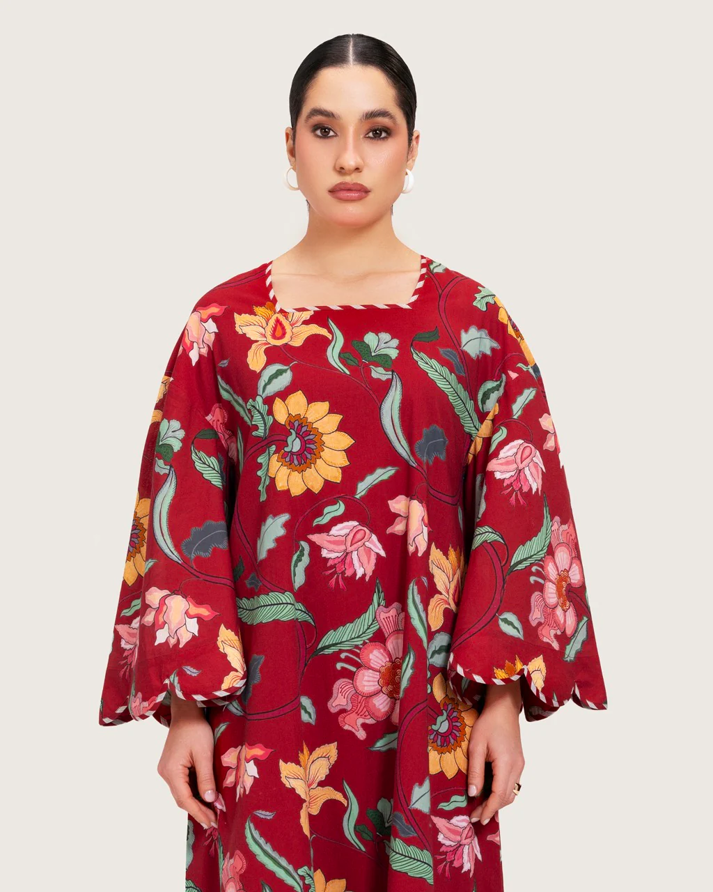 Maroon Red Floral Maxi Dress with Square Neckline - Image 7