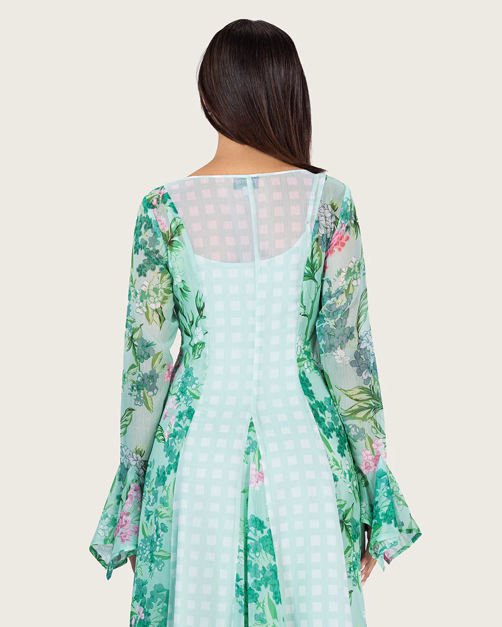Mint Floral Chiffon Dress with Bell Sleeves - Image 10