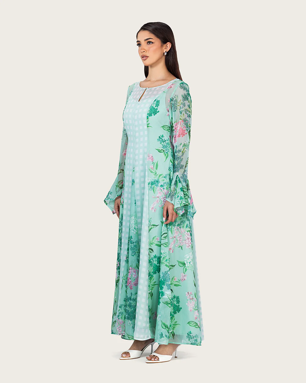 Mint Floral Chiffon Dress with Bell Sleeves - Image 3
