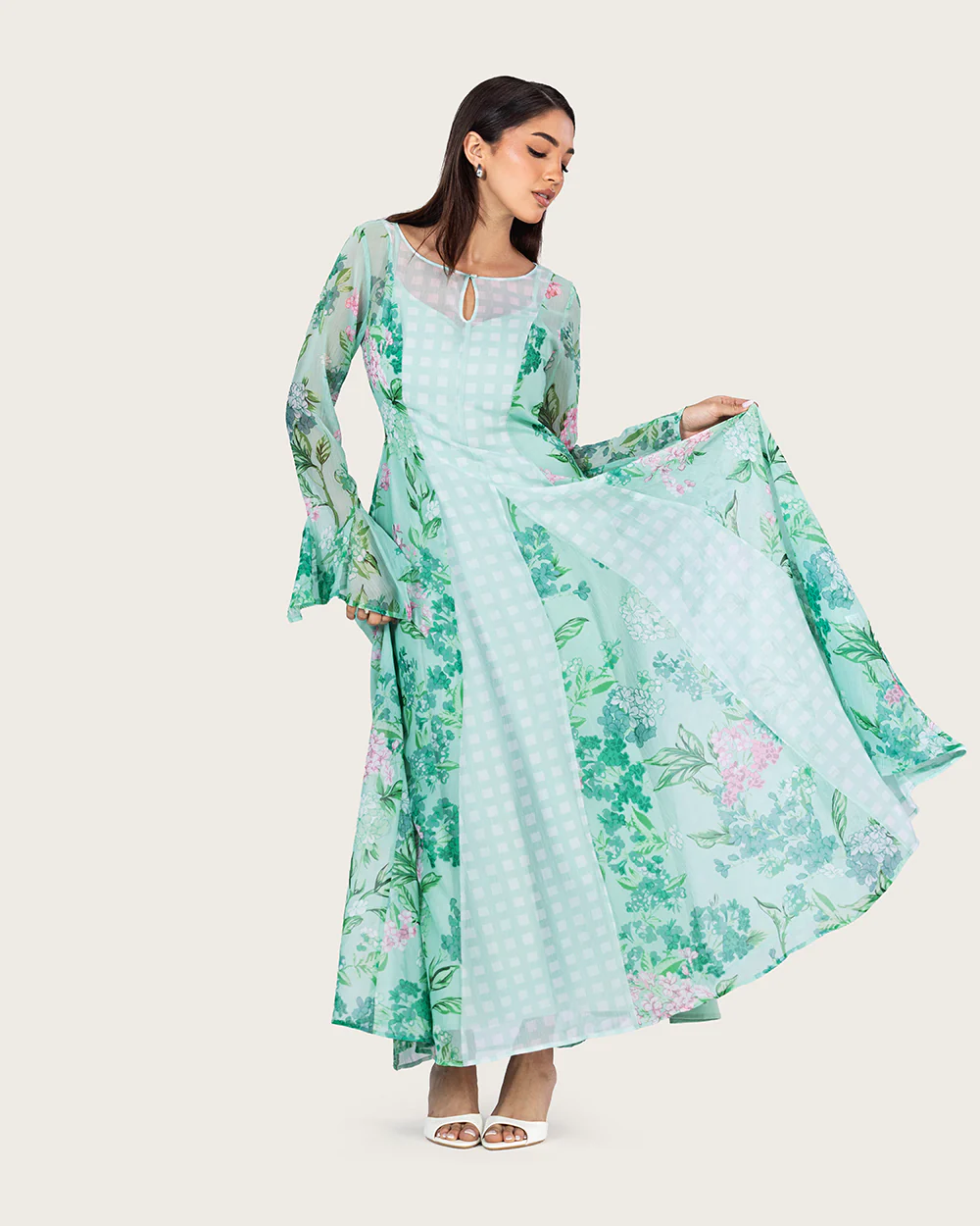 Mint Floral Chiffon Dress with Bell Sleeves - Image 4
