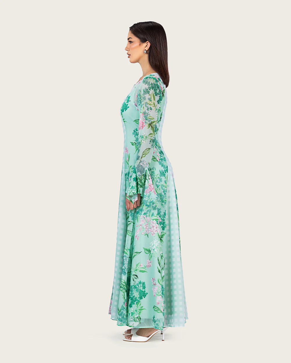 Mint Floral Chiffon Dress with Bell Sleeves - Image 5